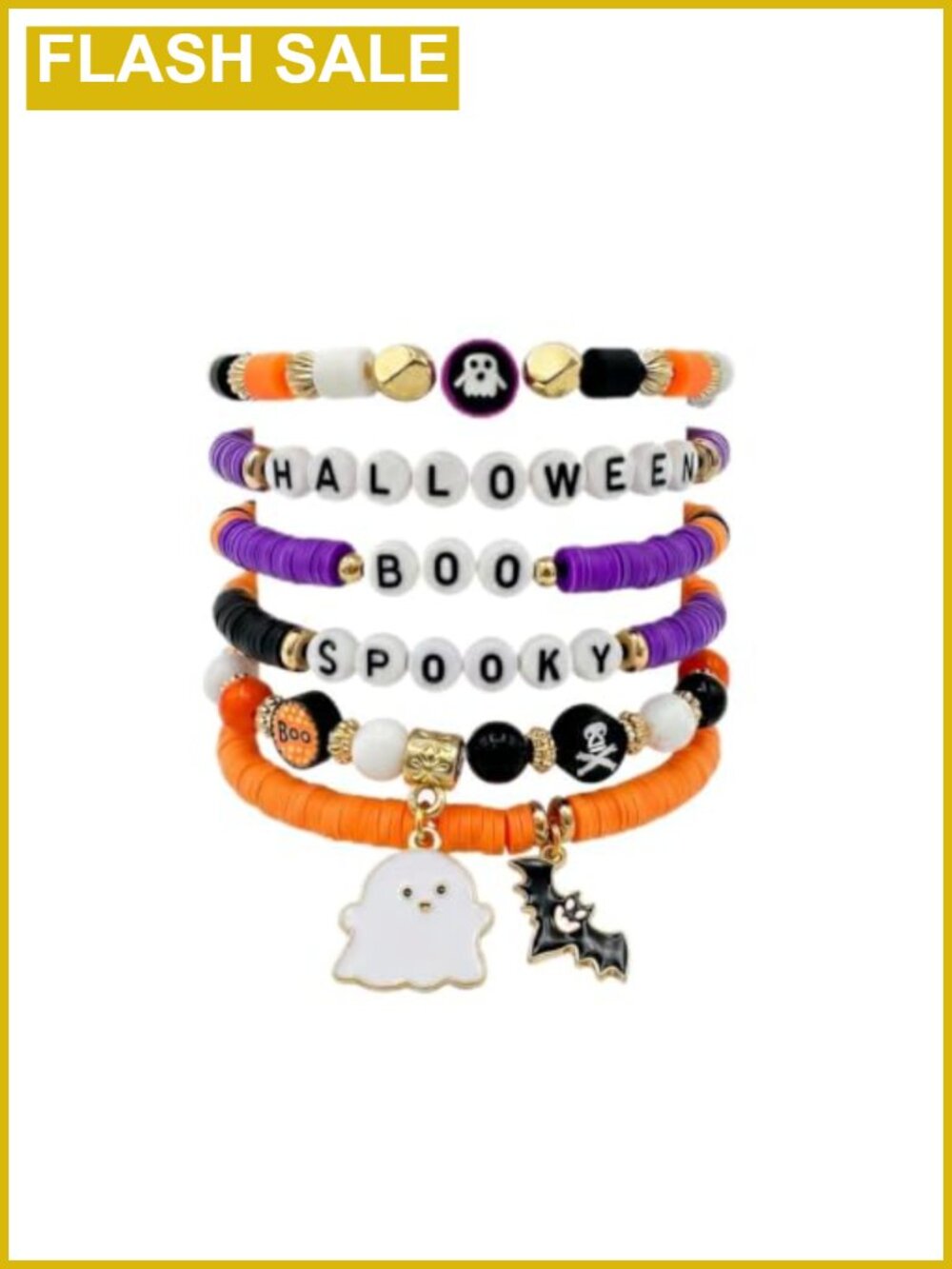 6-Pack Halloween Stretch Bead Bracelets Polymer Clay Charms
